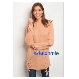 Peach Lace Up Knit Sweater